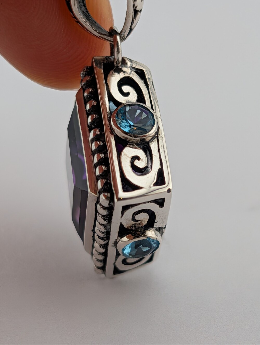 8 Carat Princess Cut Amethyst And Blue Topaz Sterling Silver Pendant Handcrafted - Picture 6 of 9